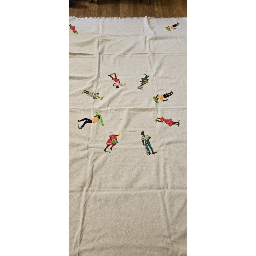 VtgCaribbean hand stitched embroidered tablecloth JAMAICAN FOLK ART linen 42x70" - Picture 3 of 9